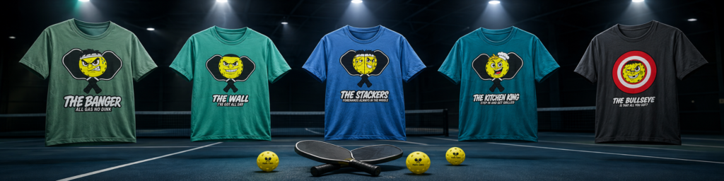 Paddletudes pickleball character shirts lineup featuring The Banger, The Wall, The Stackers, The Kitchen King, and The Bullseye on a pickleball court