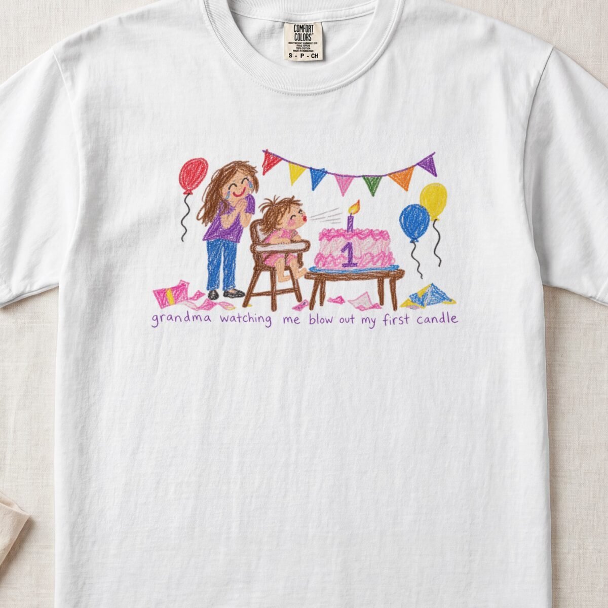 Grandma Watching Me Blow Out My First Candle Tee — Little Hands Tee on Comfort Colors 1717